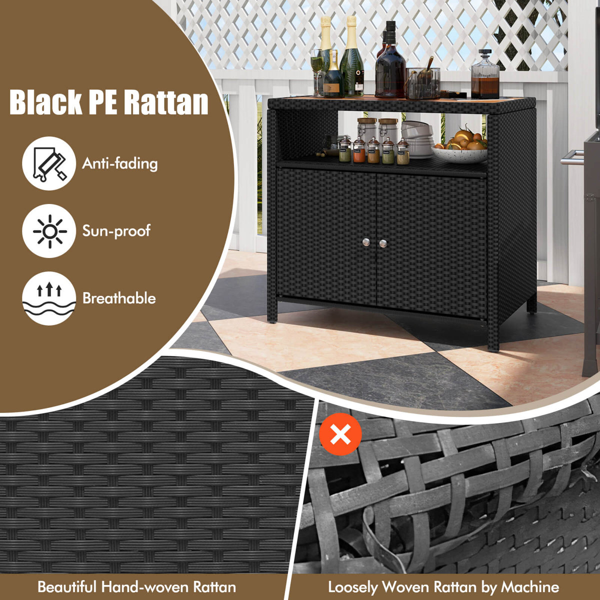 Latitude Run® Patio Storage Cabinet With Acacia Wood Countertop Open Shelf 2 Door Cabinet